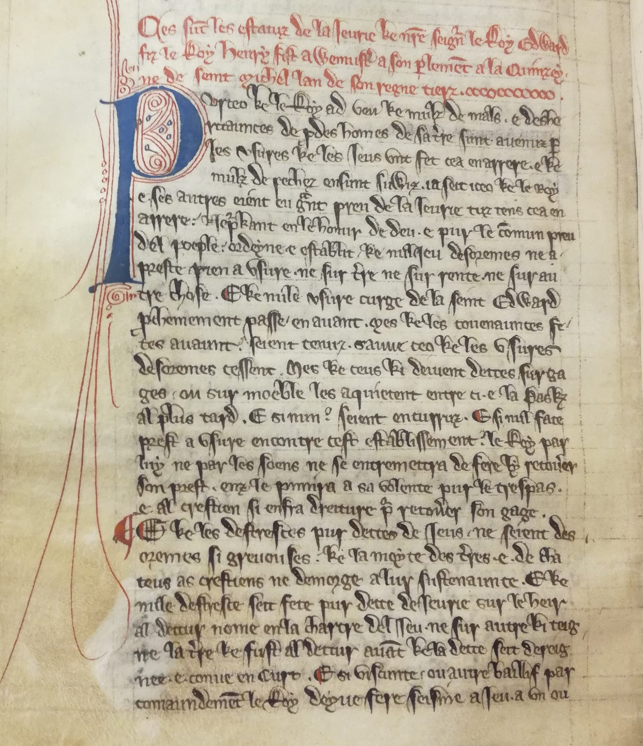 The incipit of the Statutum de Judeismo (the opening leaf of the 1275 Statute of the Jewry enacted by Edward I). The National Archives E 164/9 fol. 31d; British Library Additional MSS 15667, 32085, 38821.